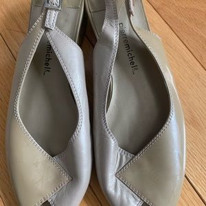 PIERRE MICHEL | beige wedge peek toe dress sandals, sling back, leather upper